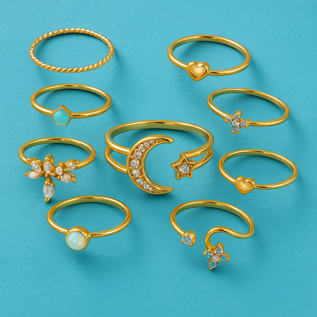 Ensemble de 10 bagues bohémiennes en argent et or plaqué